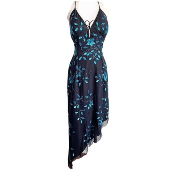 CACHE Vintage Asymmetrical Dress Embellished Glam Size Large Black Blue Y2K 90s - Picture 1 of 13